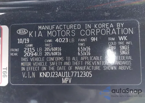 2020 Kia Soul Lx z USA, uszkodzony, nr VIN KNDJ23AU1L7712305